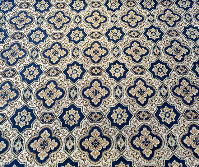 Jardins Chenille Fabric - Sapphire Blue With Gold And Ivory Geometric Diamond Pattern, 54" Width (1 Yard)