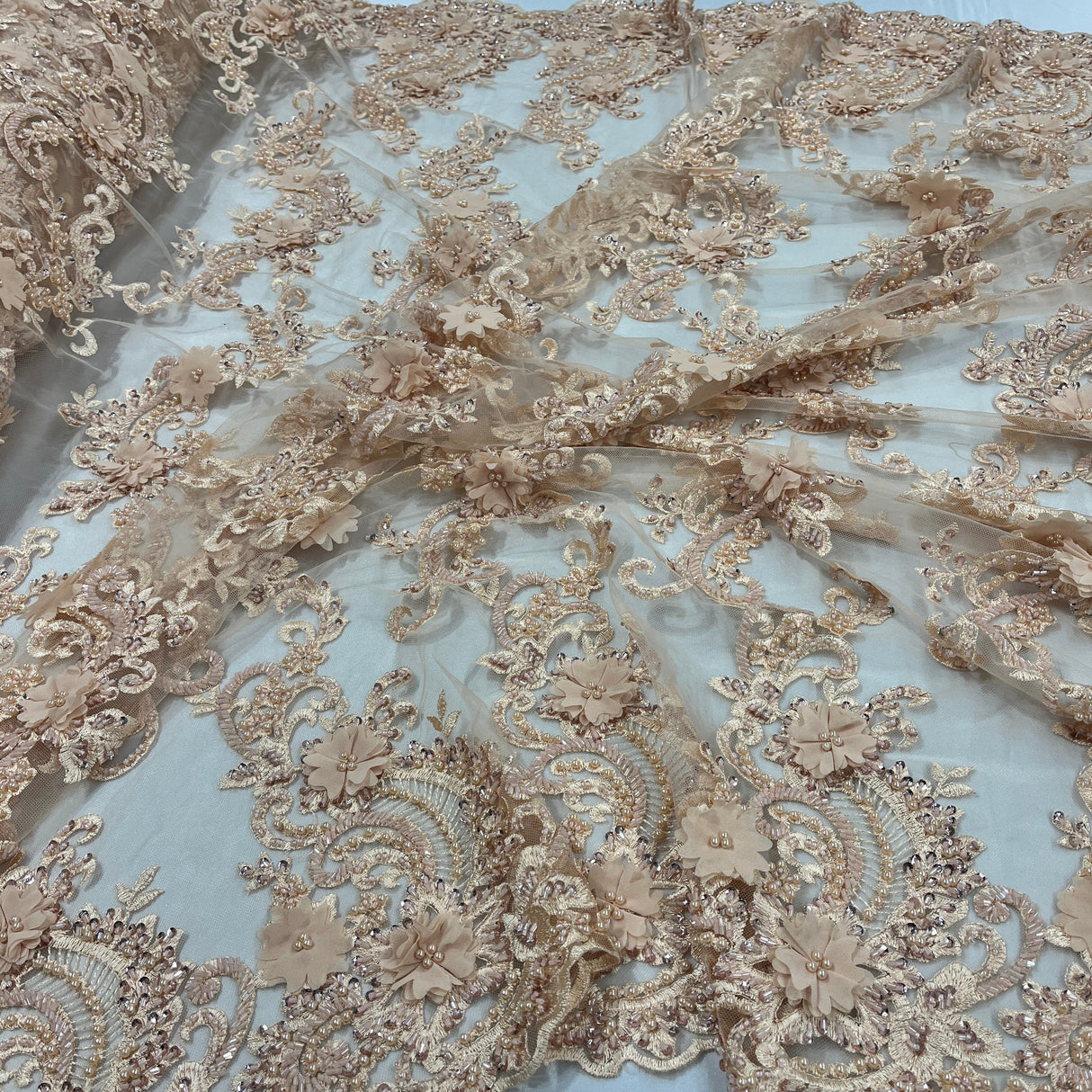 Beaded Floral Lace Fabric 3D Embroidered Net Mesh 52" Wide