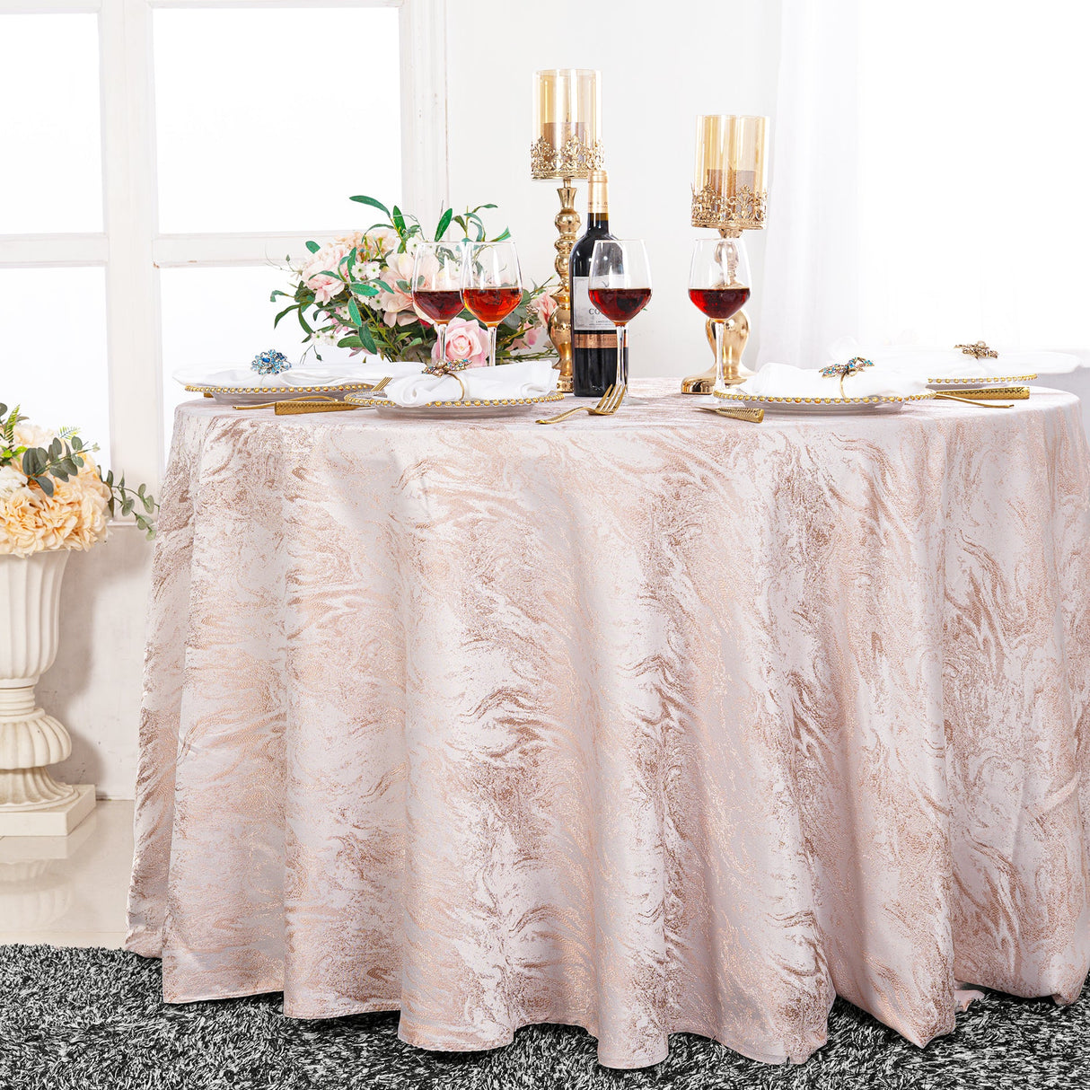 Round Jacquard Polyester Tablecloth 132" Blush Pink/Rose Gold