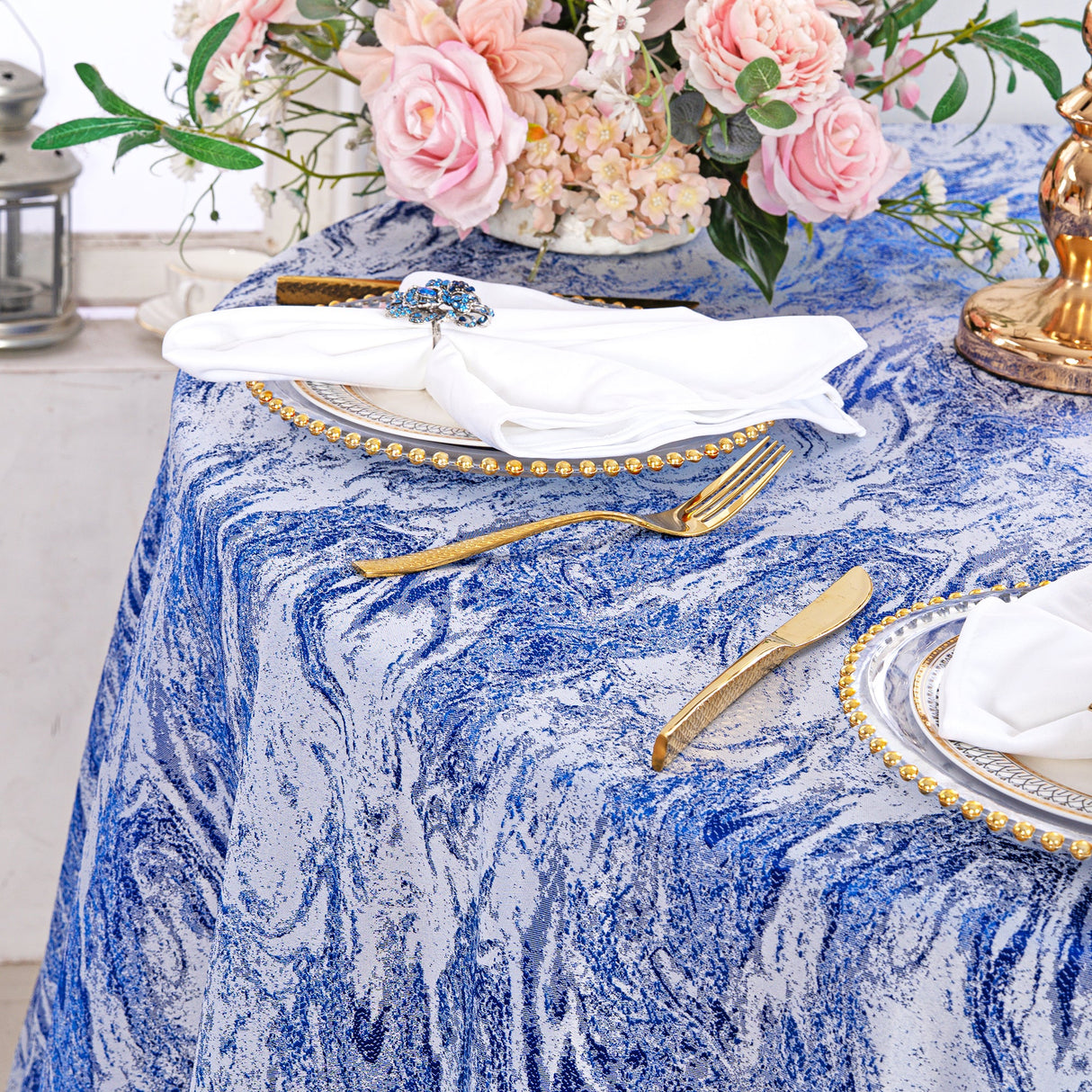 Round Polyester Tablecloth 132" Mirage Jacquard Royal Blue
