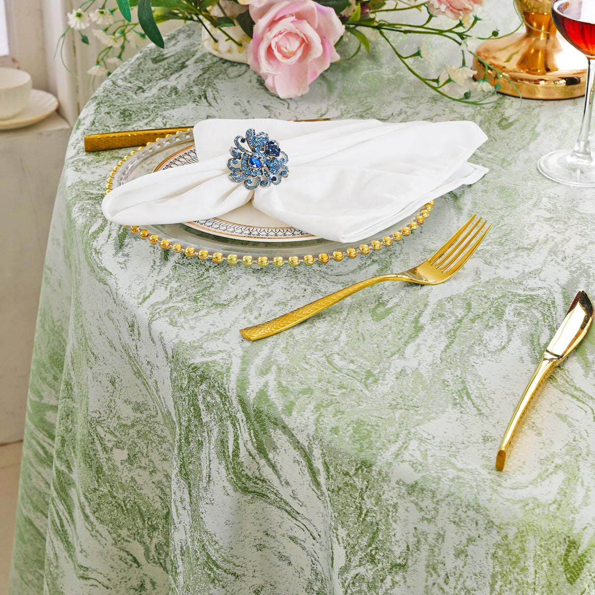 Round Polyester Tablecloth 132" Mirage Jacquard Sage Green