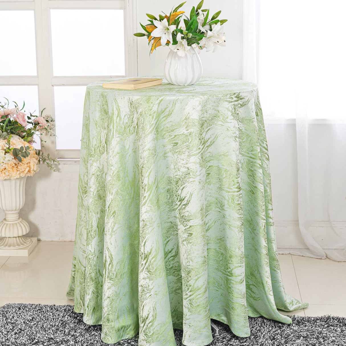 Round Polyester Tablecloth 132" Mirage Jacquard Sage Green