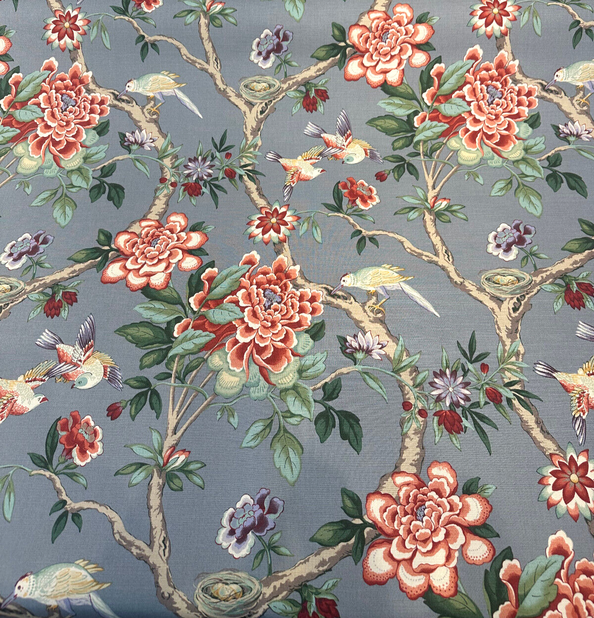 Mudan Tea Berry Cotton Fabric - Floral Birds, Red Pink Green Brown Gray, 54" Width (1 Yard)