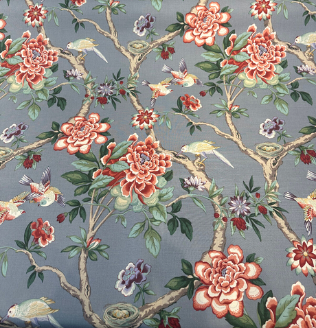 Mudan Tea Berry Cotton Fabric - Floral Birds, Red Pink Green Brown Gray, 54" Width (1 Yard)