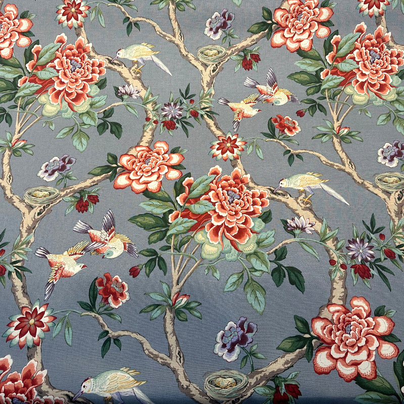 Mudan Tea Berry Cotton Fabric - Floral Birds, Red Pink Green Brown Gray, 54" Width (1 Yard)