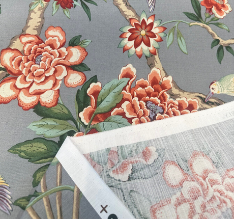 Mudan Tea Berry Cotton Fabric - Floral Birds, Red Pink Green Brown Gray, 54" Width (1 Yard)