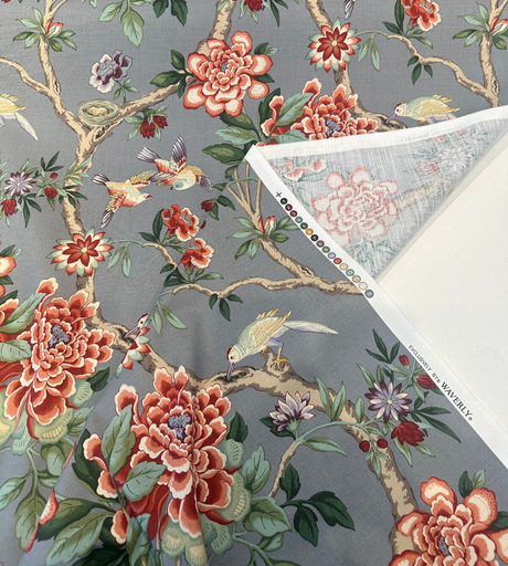 Mudan Tea Berry Cotton Fabric - Floral Birds, Red Pink Green Brown Gray, 54" Width (1 Yard)