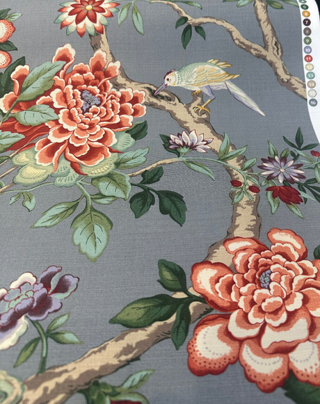 Mudan Tea Berry Cotton Fabric - Floral Birds, Red Pink Green Brown Gray, 54" Width (1 Yard)