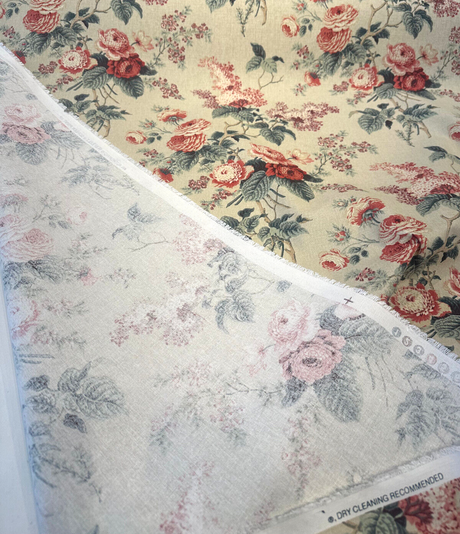Waverly Emma'S Garden Rosewood Cotton Fabric - Floral Birds, Beige Background, 54" Width, 18" Vertical Repeat, 13.5" Horizontal Repeat (1 Yard)
