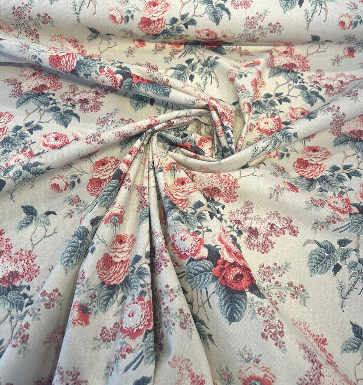 Waverly Emma'S Garden Rosewood Cotton Fabric - Floral Birds, Beige Background, 54" Width, 18" Vertical Repeat, 13.5" Horizontal Repeat (1 Yard)