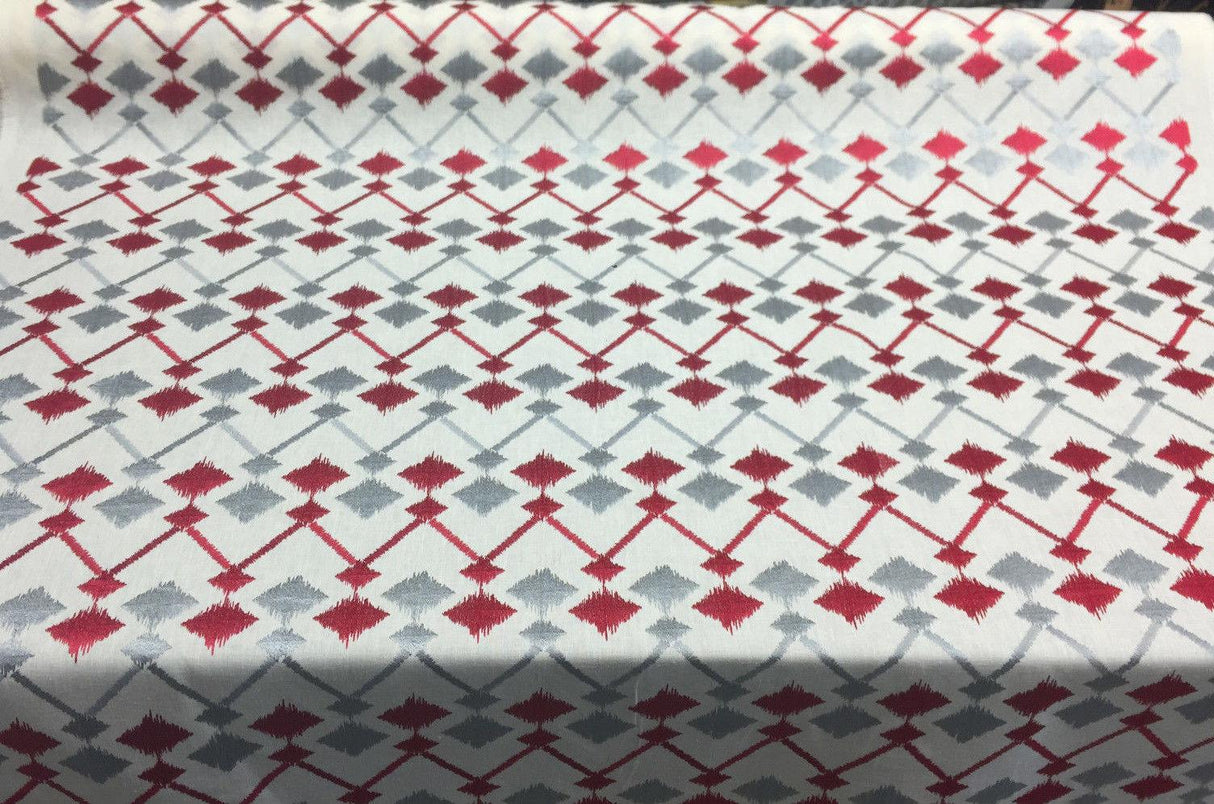 Fruits Of The Gods Poly-Cotton Fabric - Red And Grey Ikat Geometric Pattern, 58" Width (1 Yard)