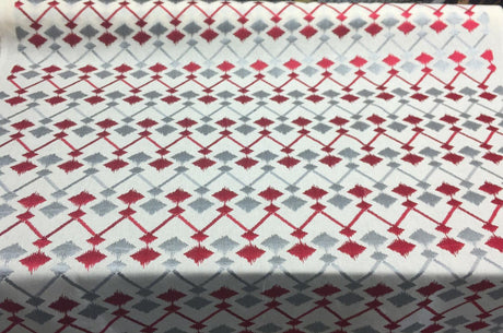 Fruits Of The Gods Poly-Cotton Fabric - Red And Grey Ikat Geometric Pattern, 58" Width (1 Yard)