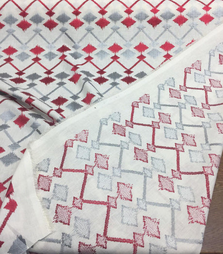 Fruits Of The Gods Poly-Cotton Fabric - Red And Grey Ikat Geometric Pattern, 58" Width (1 Yard)