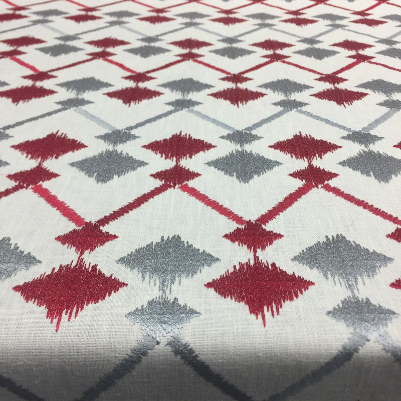Fruits Of The Gods Poly-Cotton Fabric - Red And Grey Ikat Geometric Pattern, 58" Width (1 Yard)
