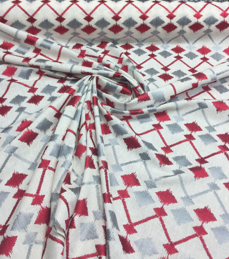 Fruits Of The Gods Poly-Cotton Fabric - Red And Grey Ikat Geometric Pattern, 58" Width (1 Yard)