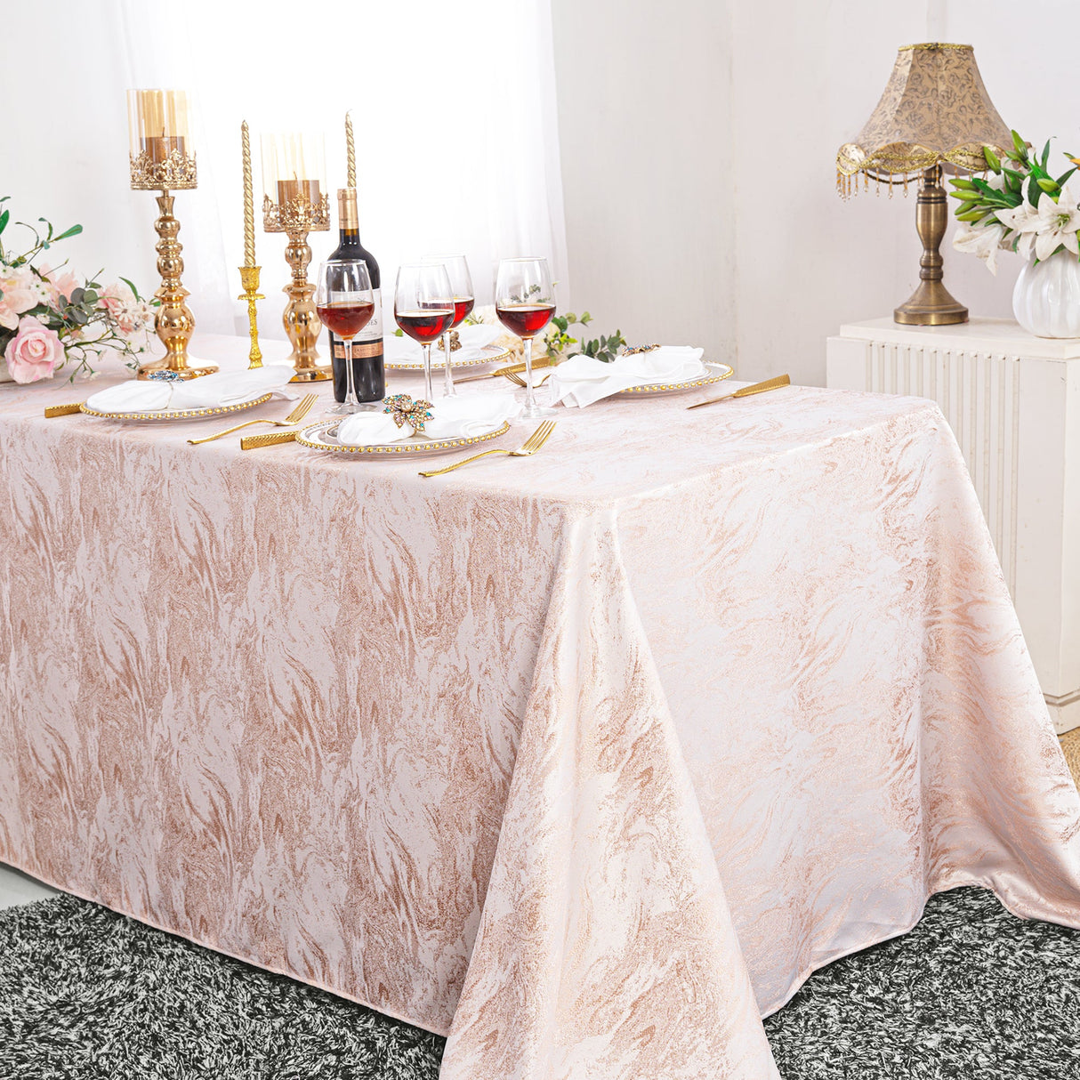 Rectangular Mirage Jacquard Polyester Tablecloth 90x156 Blush Pink/Rose Gold
