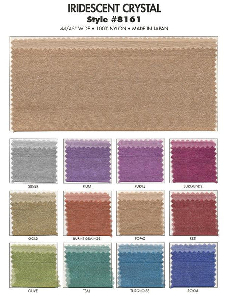 Iridescent Crystal Nylon Fabric - Burgundy, Burnt Orange, Gold, Olive, Plum, Purple, Red, Royal, Silver, Teal, Topaz, Turquoise, 45" Width (Folded On Board)