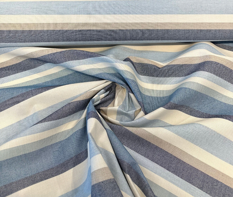 Sunbrella Scope Cape Solution Dyed Acrylic Fabric - Blue, Tan, Brown, Beige, Black Stripes, 54" Width (1 Yard)