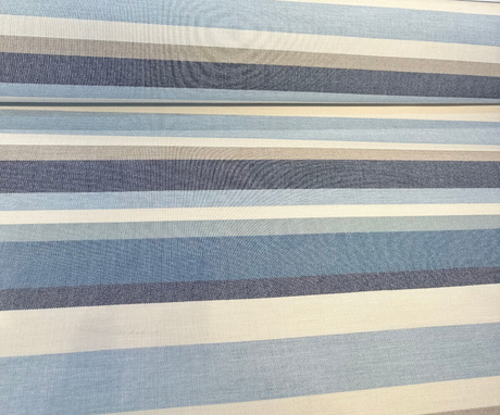 Sunbrella Scope Cape Solution Dyed Acrylic Fabric - Blue, Tan, Brown, Beige, Black Stripes, 54" Width (1 Yard)