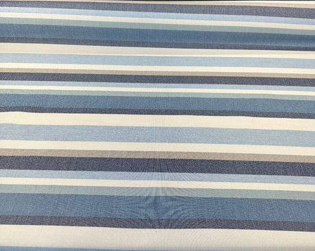 Sunbrella Scope Cape Solution Dyed Acrylic Fabric - Blue, Tan, Brown, Beige, Black Stripes, 54" Width (1 Yard)