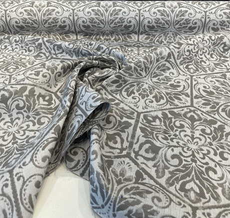 Sunbrella Amsterdam Tile Solution-Dyed Acrylic Fabric - Dove Gray Tile Pattern, Gray Silver White, 15" Vertical Repeat, 10" Horizontal Repeat (1 Yard)