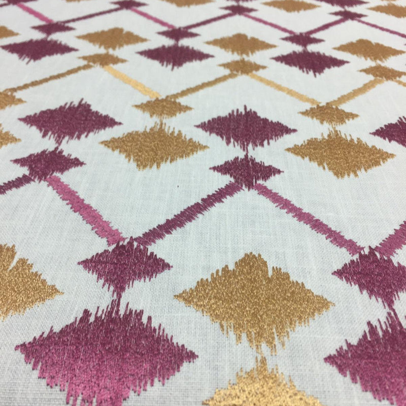 Bali Embroidered Raspberry Lavander And Gold Polyester Cotton Fabric - Raspberry And Gold On White Background, Linen Look, 45% Cotton / 55% Polyester, 4" Horizontal Repeat, 9.5" Vertical Repeat (1 Yard)