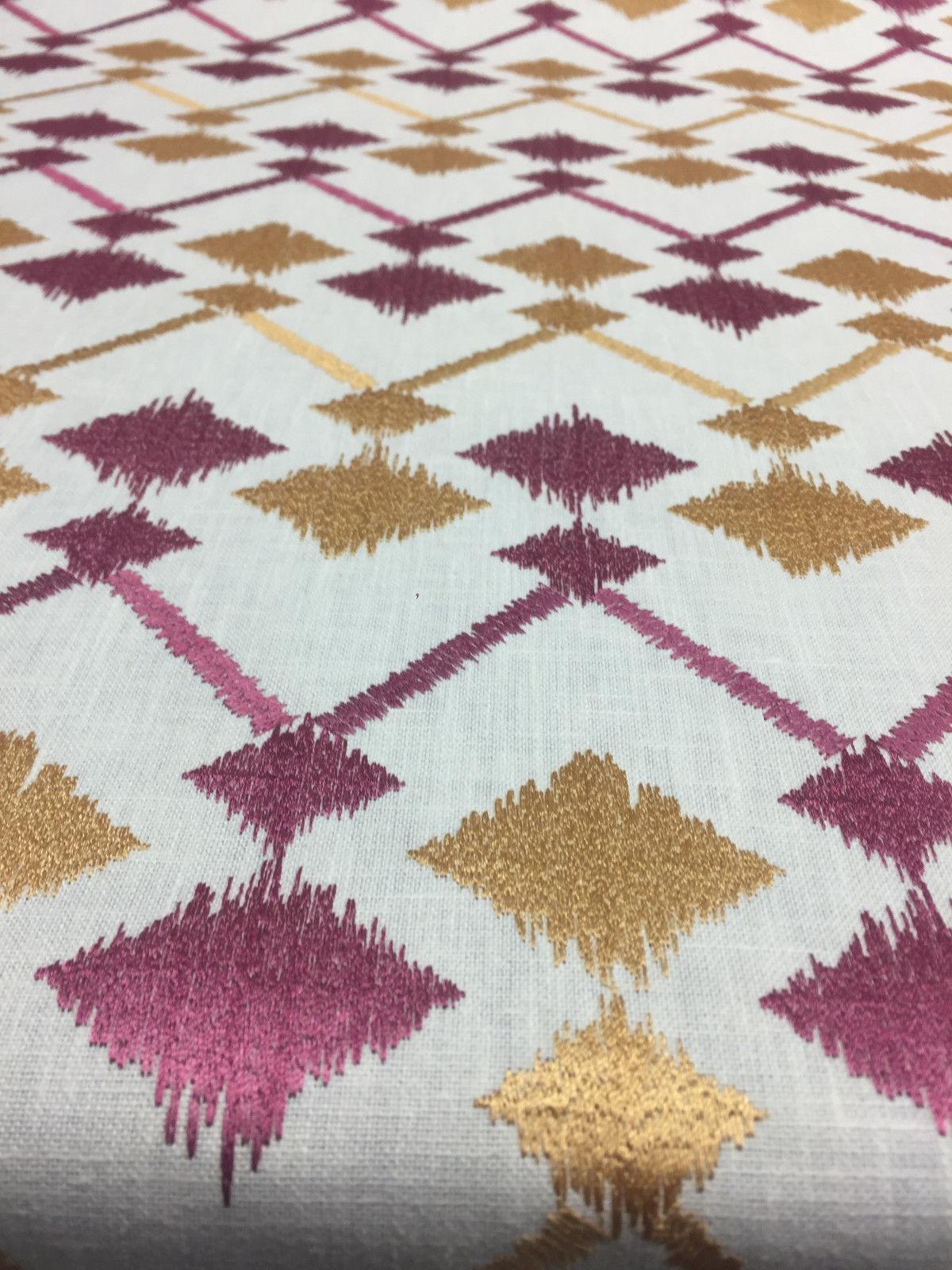 Bali Embroidered Raspberry Lavander And Gold Polyester Cotton Fabric - Raspberry And Gold On White Background, Linen Look, 45% Cotton / 55% Polyester, 4" Horizontal Repeat, 9.5" Vertical Repeat (1 Yard)