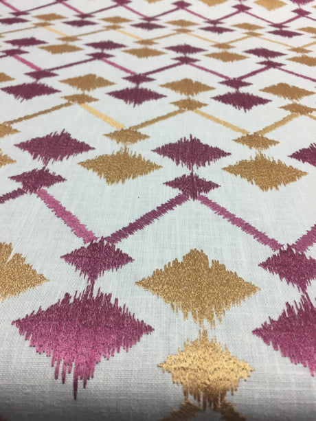 Bali Embroidered Raspberry Lavander And Gold Polyester Cotton Fabric - Raspberry And Gold On White Background, Linen Look, 45% Cotton / 55% Polyester, 4" Horizontal Repeat, 9.5" Vertical Repeat (1 Yard)