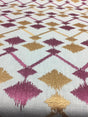 Bali Embroidered Raspberry Lavander And Gold Polyester Cotton Fabric - Raspberry And Gold On White Background, Linen Look, 45% Cotton / 55% Polyester, 4" Horizontal Repeat, 9.5" Vertical Repeat (1 Yard)