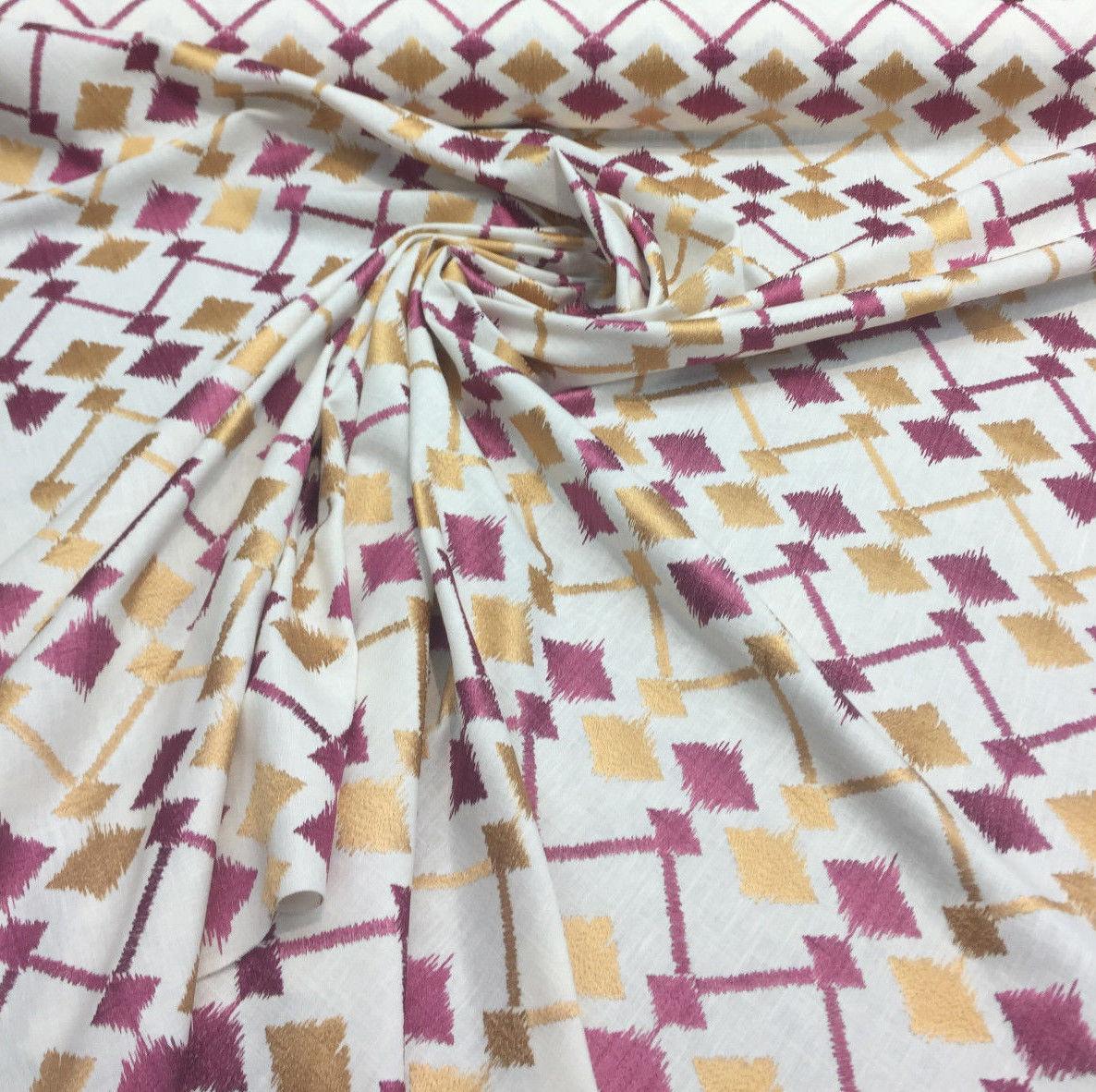 Bali Embroidered Raspberry Lavander And Gold Polyester Cotton Fabric - Raspberry And Gold On White Background, Linen Look, 45% Cotton / 55% Polyester, 4" Horizontal Repeat, 9.5" Vertical Repeat (1 Yard)