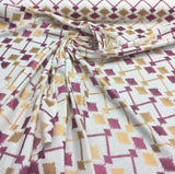 Bali Embroidered Raspberry Lavander And Gold Polyester Cotton Fabric - Raspberry And Gold On White Background, Linen Look, 45% Cotton / 55% Polyester, 4" Horizontal Repeat, 9.5" Vertical Repeat (1 Yard)