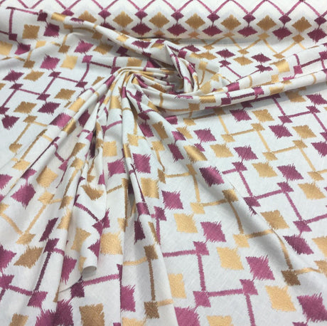 Bali Embroidered Raspberry Lavander And Gold Polyester Cotton Fabric - Raspberry And Gold On White Background, Linen Look, 45% Cotton / 55% Polyester, 4" Horizontal Repeat, 9.5" Vertical Repeat (1 Yard)