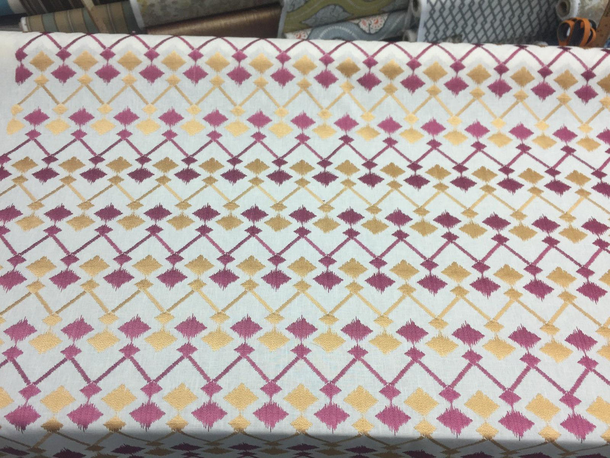 Bali Embroidered Raspberry Lavander And Gold Polyester Cotton Fabric - Raspberry And Gold On White Background, Linen Look, 45% Cotton / 55% Polyester, 4" Horizontal Repeat, 9.5" Vertical Repeat (1 Yard)