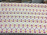 Bali Embroidered Raspberry Lavander And Gold Polyester Cotton Fabric - Raspberry And Gold On White Background, Linen Look, 45% Cotton / 55% Polyester, 4" Horizontal Repeat, 9.5" Vertical Repeat (1 Yard)