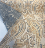 Chardonay Honey Damask Paisley Chenille Upholstery Fabric - Honey, Cream, Gray, 14" Horizontal Repeat, 25" Vertical Repeat (By The Yard)