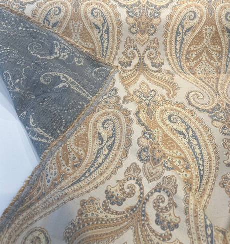Chardonay Honey Damask Paisley Chenille Upholstery Fabric - Honey, Cream, Gray, 14" Horizontal Repeat, 25" Vertical Repeat (By The Yard)