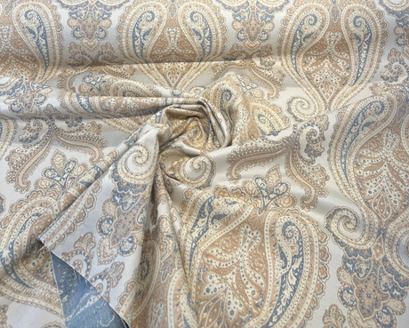Chardonay Honey Damask Paisley Chenille Upholstery Fabric - Honey, Cream, Gray, 14" Horizontal Repeat, 25" Vertical Repeat (By The Yard)