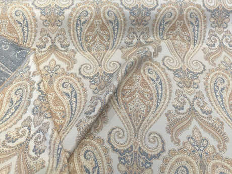 Chardonay Honey Damask Paisley Chenille Upholstery Fabric - Honey, Cream, Gray, 14" Horizontal Repeat, 25" Vertical Repeat (By The Yard)