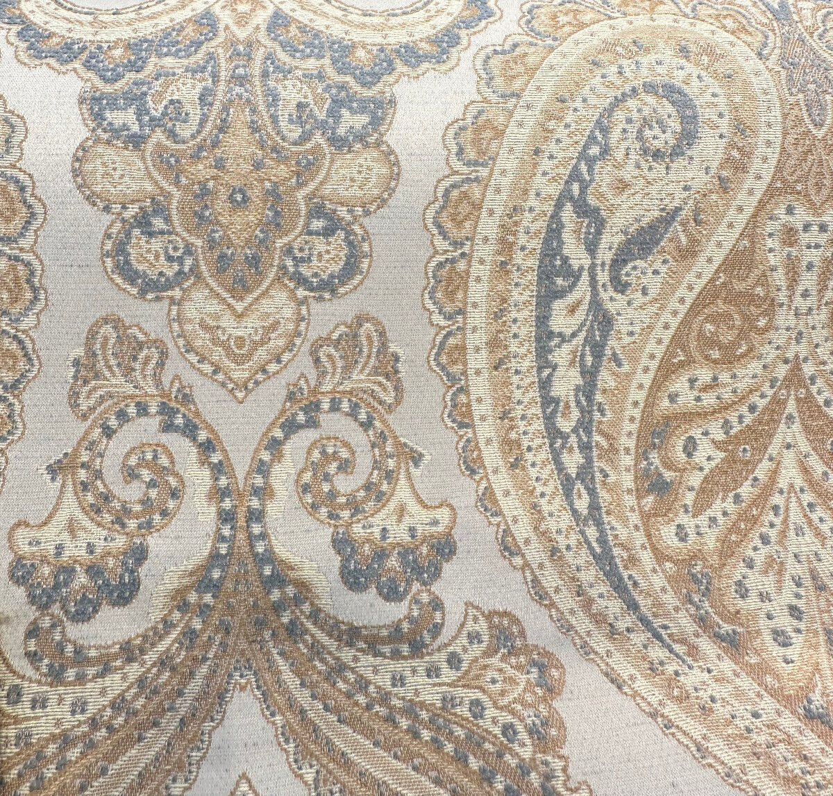 Chardonay Honey Damask Paisley Chenille Upholstery Fabric - Honey, Cream, Gray, 14" Horizontal Repeat, 25" Vertical Repeat (By The Yard)