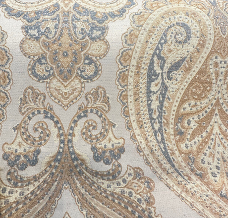 Chardonay Honey Damask Paisley Chenille Upholstery Fabric - Honey, Cream, Gray, 14" Horizontal Repeat, 25" Vertical Repeat (By The Yard)