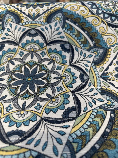Ornate Mandala Teal Jacquard Fabric - Teal, Navy Blue, Gold Mandala Pattern, 57" Width (1 Yard)