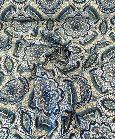 Ornate Mandala Teal Jacquard Fabric - Teal, Navy Blue, Gold Mandala Pattern, 57" Width (1 Yard)