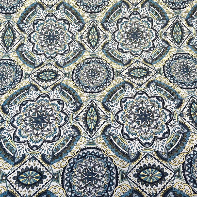 Ornate Mandala Teal Jacquard Fabric - Teal, Navy Blue, Gold Mandala Pattern, 57" Width (1 Yard)