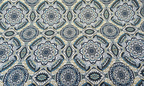Ornate Mandala Teal Jacquard Fabric - Teal, Navy Blue, Gold Mandala Pattern, 57" Width (1 Yard)