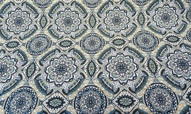 Ornate Mandala Teal Jacquard Fabric - Teal, Navy Blue, Gold Mandala Pattern, 57" Width (1 Yard)