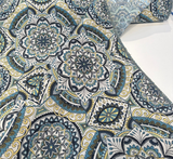 Ornate Mandala Teal Jacquard Fabric - Teal, Navy Blue, Gold Mandala Pattern, 57" Width (1 Yard)