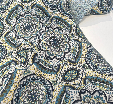 Ornate Mandala Teal Jacquard Fabric - Teal, Navy Blue, Gold Mandala Pattern, 57" Width (1 Yard)