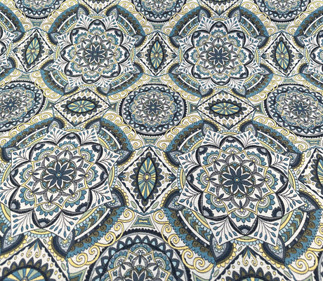 Ornate Mandala Teal Jacquard Fabric - Teal, Navy Blue, Gold Mandala Pattern, 57" Width (1 Yard)