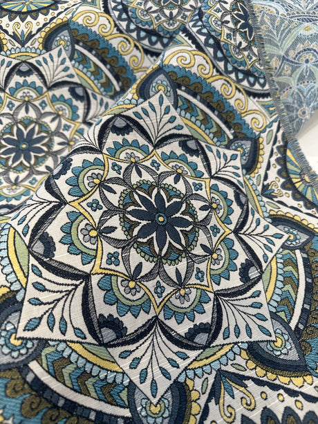 Ornate Mandala Teal Jacquard Fabric - Teal, Navy Blue, Gold Mandala Pattern, 57" Width (1 Yard)