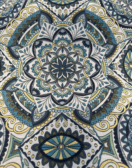 Ornate Mandala Teal Jacquard Fabric - Teal, Navy Blue, Gold Mandala Pattern, 57" Width (1 Yard)
